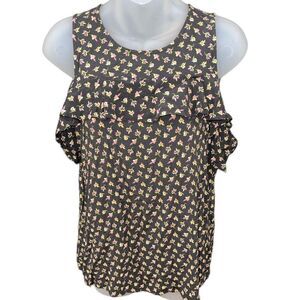 LOFT Black, Purple & Bright Green Floral Cold Shoulder Ruffle‎ Top - Size Medium